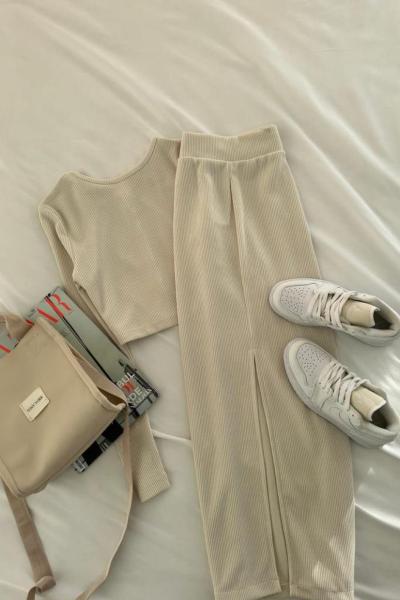 Tilda Çelik Triko Maxi Etek+Crop Takım Krem