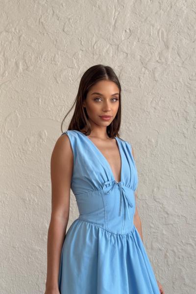 Titi Poplin Kumaş Midi Boy Elbise  Mavi