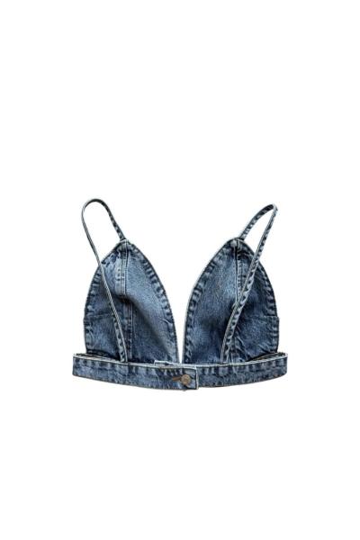 Topy V Yaka Denim Crop Mavi