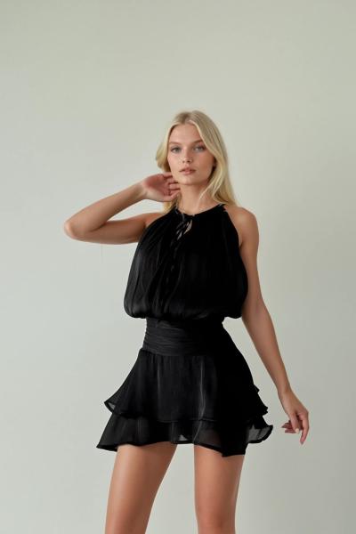 Vanesya Boncuk Detaylı Organze Tasarım Elbise Siyah