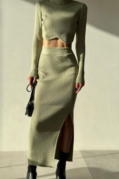 Volanda Etek+Crop Triko Takım Yeşil