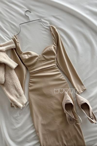 Yolande Gloplu Midi Boy Deri Elbise Bej