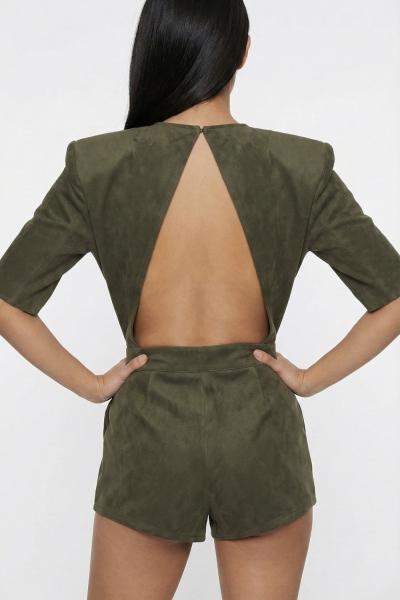 Zaia Sirt Dekolteli Suet Mini Tulum Haki