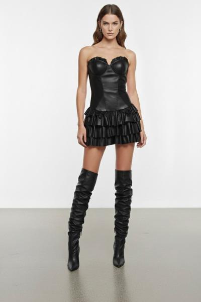 Zizy Gloplu Kabarik Etekli Deri Elbise  Siyah