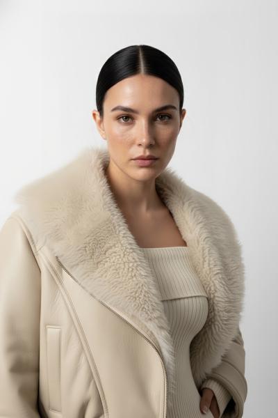 Celis Kürk Yakalı Deri Mont Krem