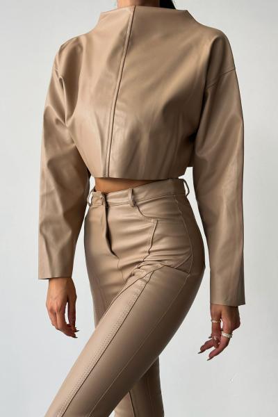 Damia Yüksek Bel Skınny Deri Pantolon+Bluz Takım Sütlü Kahve