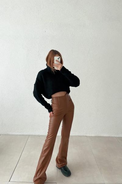 Dara İspanyol Paça Yüksek Bel Yumuşak Deri Pantolon Kahverengi