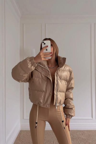 Darya Yumuşak Deri Puffer Mont Camel