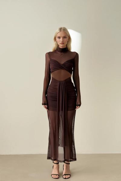Doha Transparan Detaylı Sırt Dekolteli Tasarım Elbise  Kahverengi