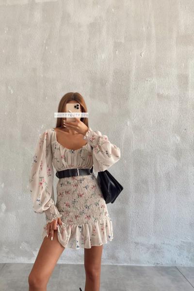 Kesie Çiçekli Astarlı Şifon  Elbise Bej