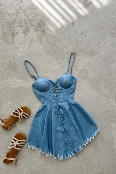 Krissia Gloplu Tensel Denim Elbise Mavi