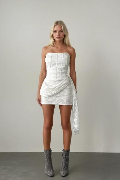 Leona Bel Detay Tasarım Elbise Beyaz