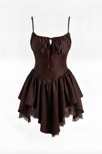 Linda Korse Detay Saten Dantelli Elbise Acı Kahve