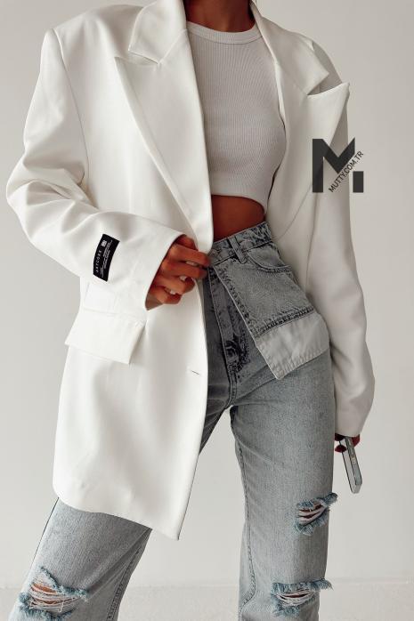 Merlin Oversize Retro Kol Detaylı Blazer Ceket Beyaz
