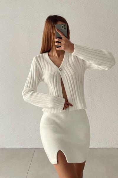 Niola Hırka+Etek İnci Düğmeli Harika Yumoş Takım Beyaz