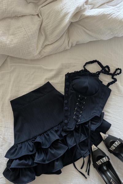 Nora Korseli Bluz + Katkat Etekli Set Lacivert