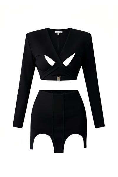 Olga vatkalı blazer + crop + etek 3 lu takim  Siyah