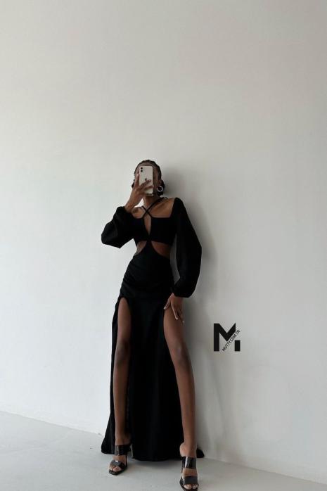 Olisy Keten Bel Dekolte Özel Tasarım Elbise Siyah
