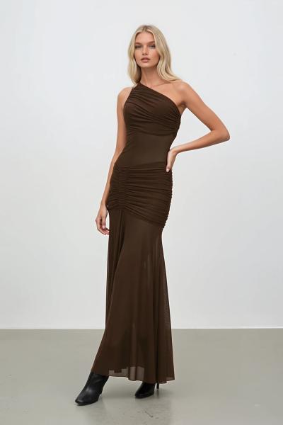 Olya Tek Omuz Tasarım Elbise Kahverengi