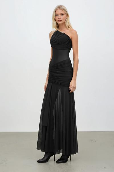 Olya Tek Omuz Tasarım Elbise Siyah