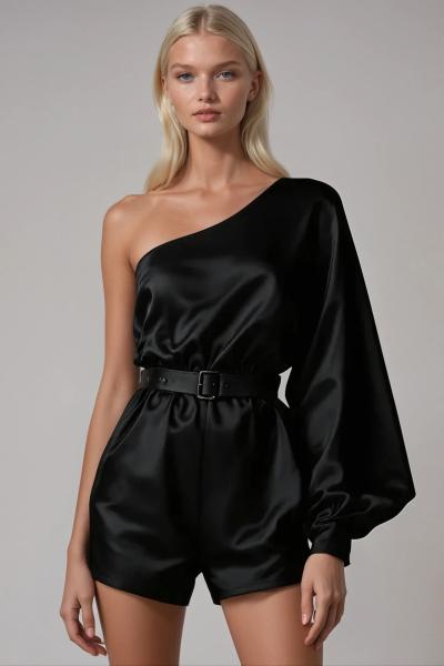 Oslo Balon Kol Kemerli Tek Kol Tulum  Siyah