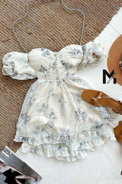 Pihu Gloplu Çiçekli Elbise Bej