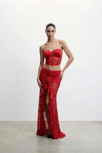 Riva Saten Korseli Etekli Takım Kırmızı