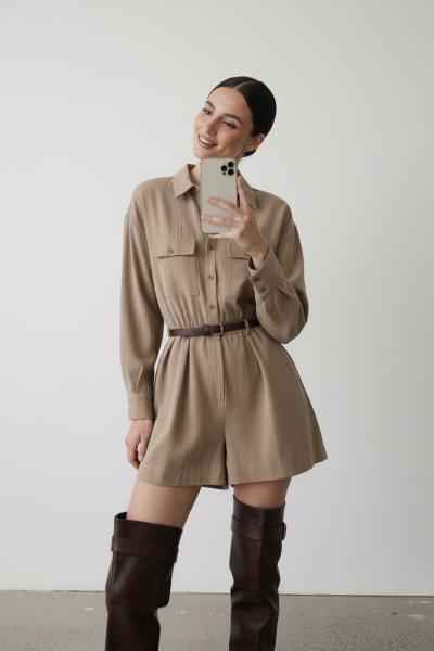 Roba Kemerli Keten Şortlu Tulum  Camel