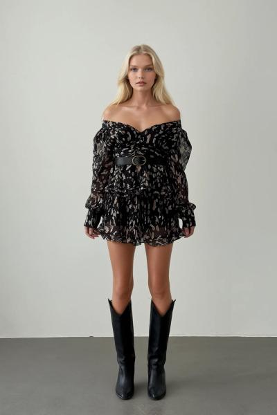 Salena Desenli Tasarım İç Astarlı Şifon Elbise Siyah