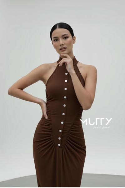 Sonia Dugme Detayli Drapeli Maxi Elbise  Kahverengi