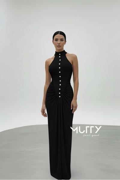 Sonia Dugme Detayli Drapeli Maxi Elbise  Siyah