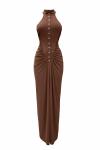 Sonia Dugme Detayli Drapeli Maxi Elbise  Kahverengi