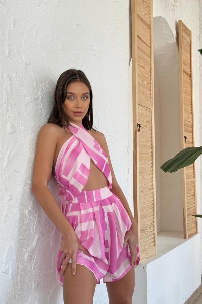 Tio Boyundan Bağlamalı Saten Şortlu Tulum  Pembe