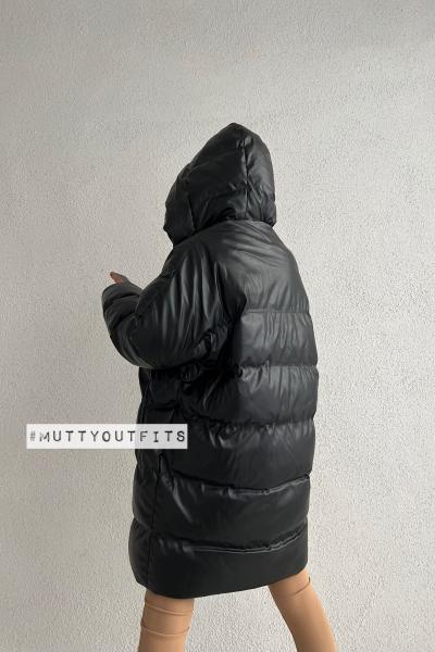 Veronika Kapşonlu Deri Puffer Oversize Kaban Siyah