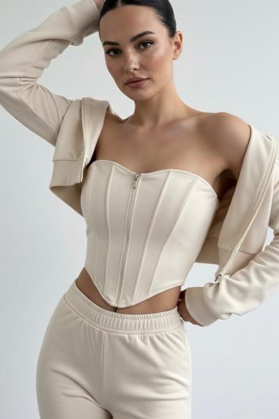 Vina Korse Detaylı Süet Üçlü Takım Krem