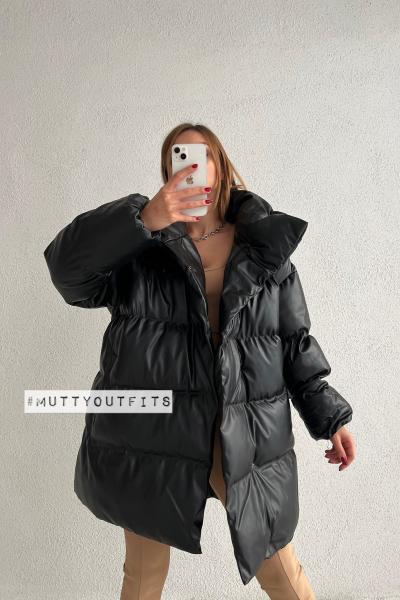 Yana Çıtçıtlı Deri Puffer Oversize Kaban Siyah