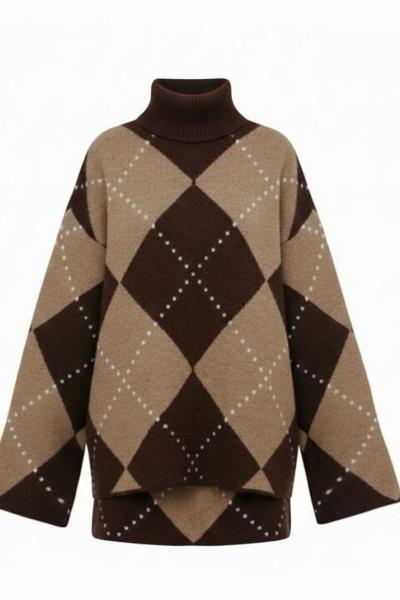 Yuli Etekli Triko Set Ekose Kahve