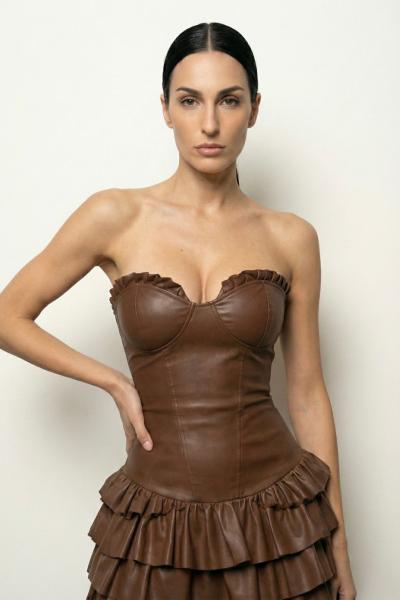 Zizy Gloplu Kabarik Etekli Deri Elbise  Kahverengi