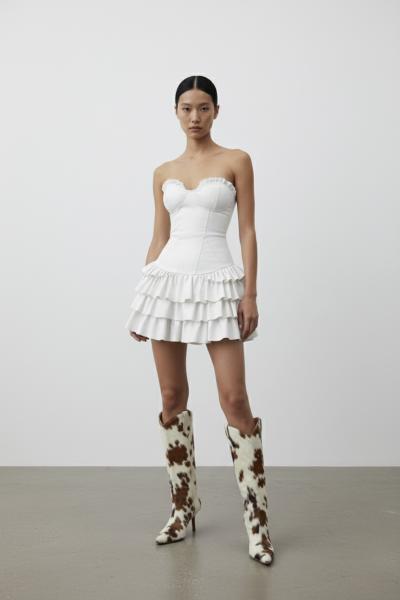 Zizy Gloplu Kabarik Etekli Deri Elbise  Krem