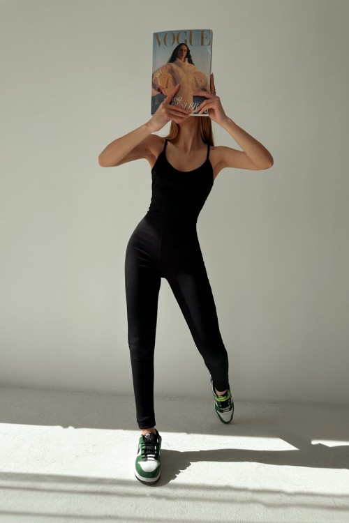 Alya İp Askılı Fitilli Toparlayıcı Catsuit Siyah