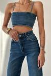 Dori Arkası Agraf Geçmeli Jean Crop  Mavi