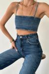 Dori Arkası Agraf Geçmeli Jean Crop  Mavi