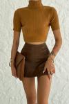 Sleeve Triko Crop Sütlü Kahve
