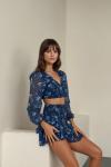 Leylie Şifon Cicekli Crop Bluz Etek Takım  Mavi