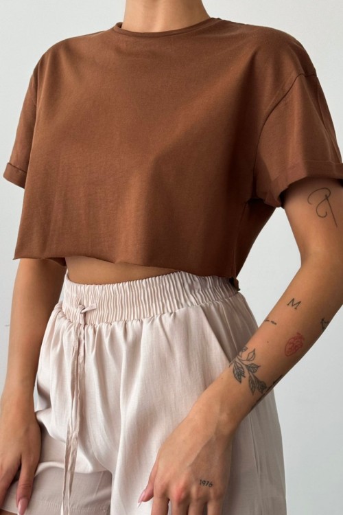 Kathy Lazer Kesim Crop Thsirt  Acı Kahve