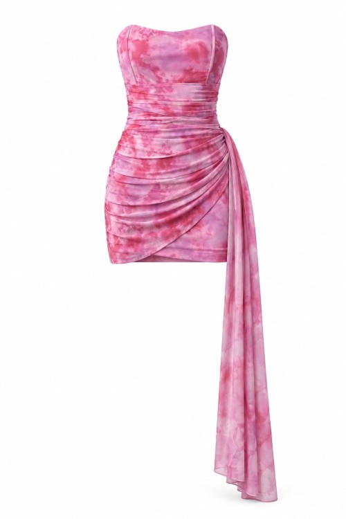 Fiora Büzgü Detay Tasarım Elbise Pembe