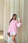 Kira Sıfır Yaka Yumoş Oversize Kazak Pembe