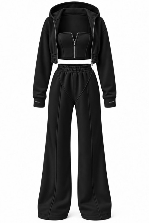 Fona 3 iplik Şardonlu Hoodie Üçlü Takım Siyah