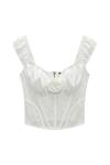 Rosa Gül Detaylı Crop Saten Bluz Beyaz