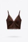Zr Dantel Detayli Mini Crop Bluz Kahverengi